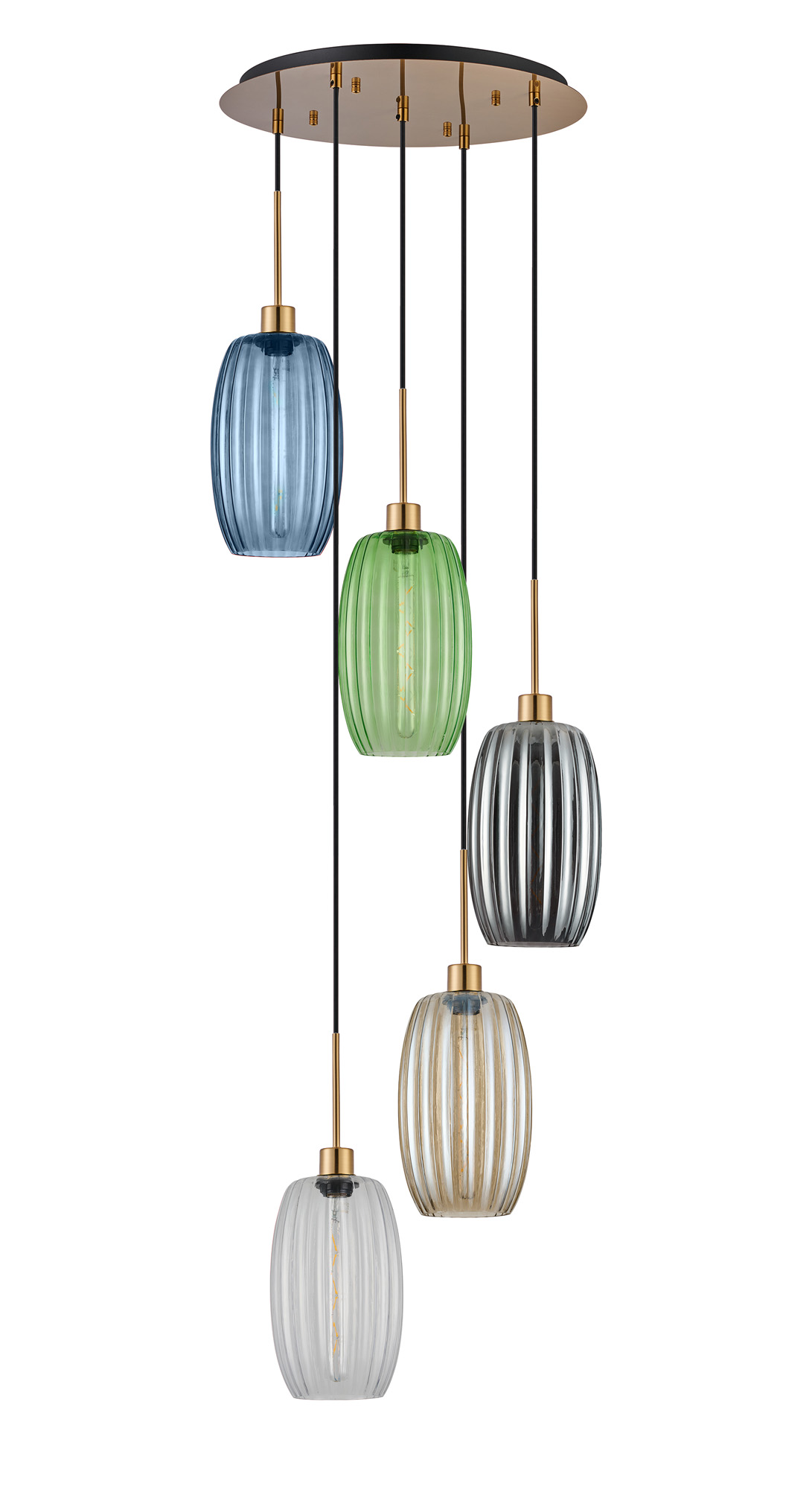 DK1199  Lori 45cm Round Pendant, 5 Light Adjustable E27, Antique Gold/Petrol Blue/Champagne/Clear/Green/Smoke Ribbed Tubular Shades